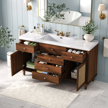 60-Inch Bathroom Vanity with SMC Sink, Brown Solid Wood and MDF, Soft-Close Drawers