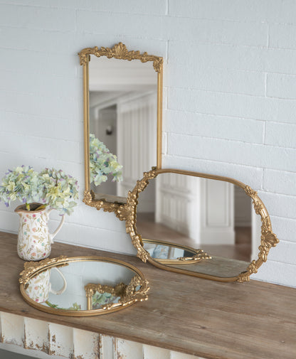 Decorative Mirror Tray with Gold Iron Frame and Floral Accents, 22.7 x 13.6 Inches