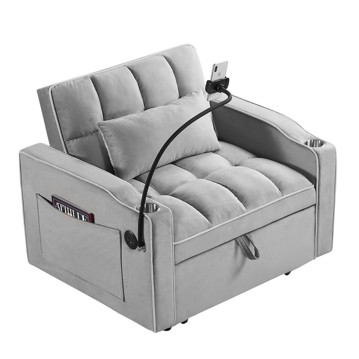 Convertible Sleeper Chair Sofa Bed, Grey Velvet, Pull-Out Single Bed