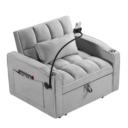 Convertible Sleeper Chair Sofa Bed, Grey Velvet, Pull-Out Single Bed