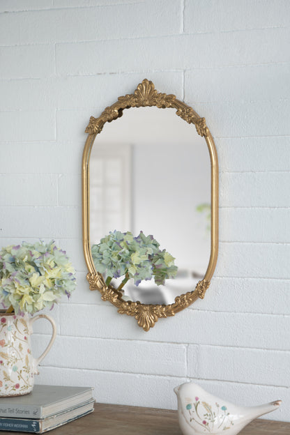 Decorative Mirror Tray with Gold Iron Frame and Floral Accents, 22.7 x 13.6 Inches