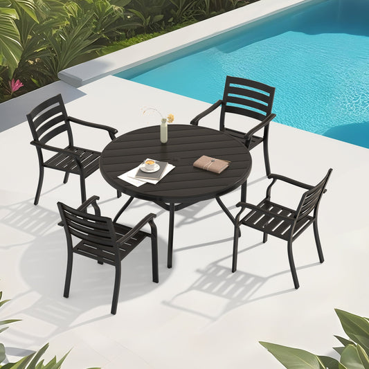 5-Piece Black Metal Patio Dining Set with 4 Stackable Chairs