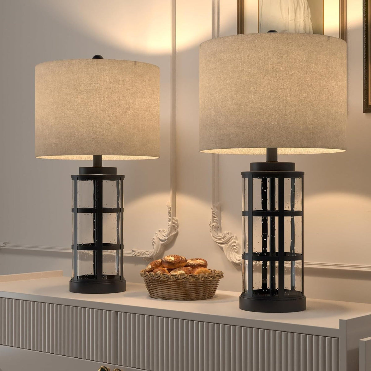25-Inch Glass Table Lamps Set of 2, 3-Way Dimmable with USB and Type C, Black