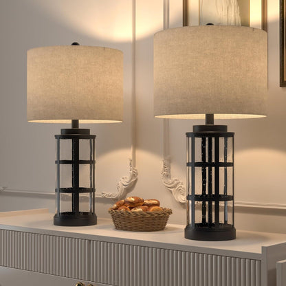 25-Inch Glass Table Lamps Set of 2, 3-Way Dimmable with USB and Type C, Black
