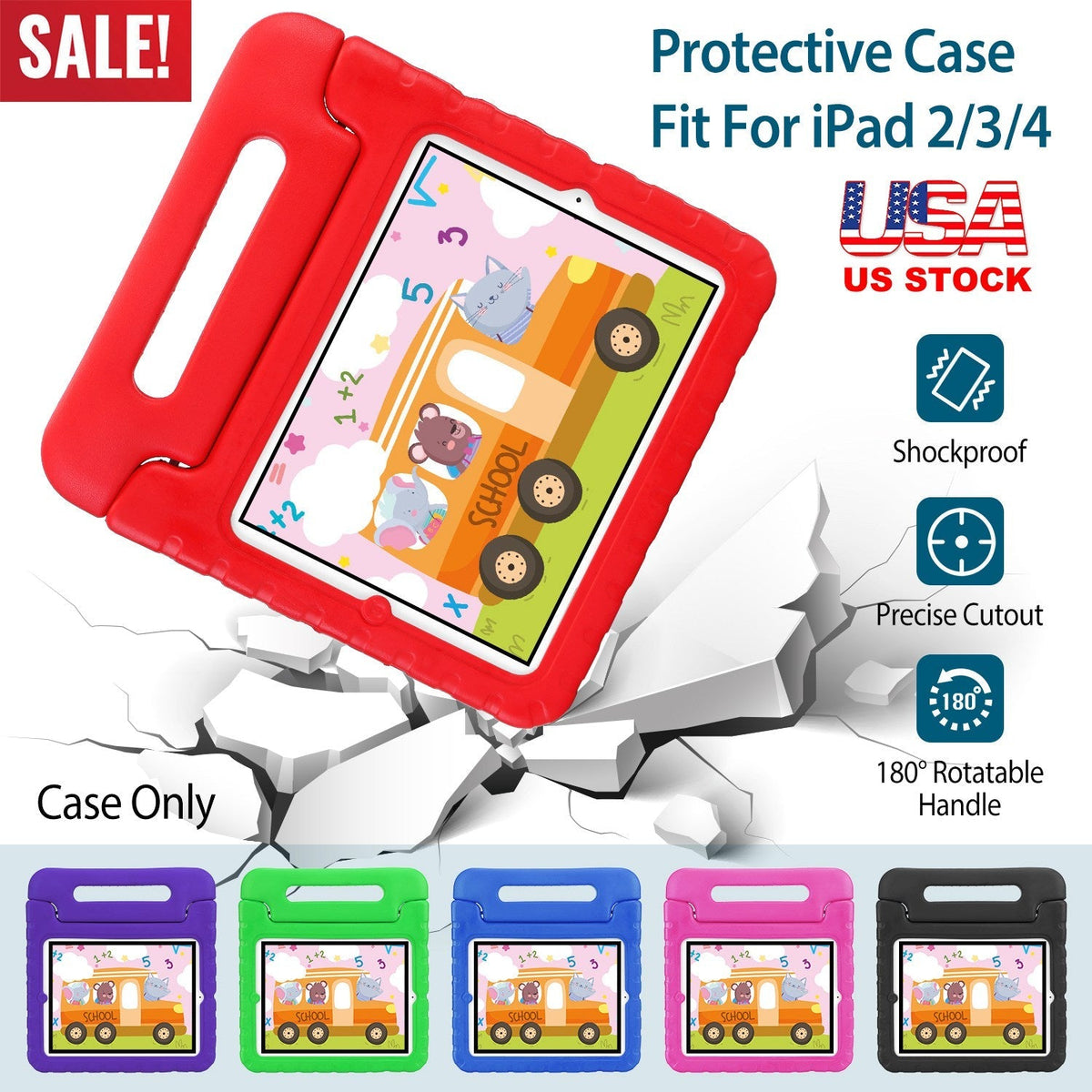 Protective Case Fit For iPad 2 3 4 Shockproof Hard Kid Tablet PC Protection Cover W/ Foldable Handle