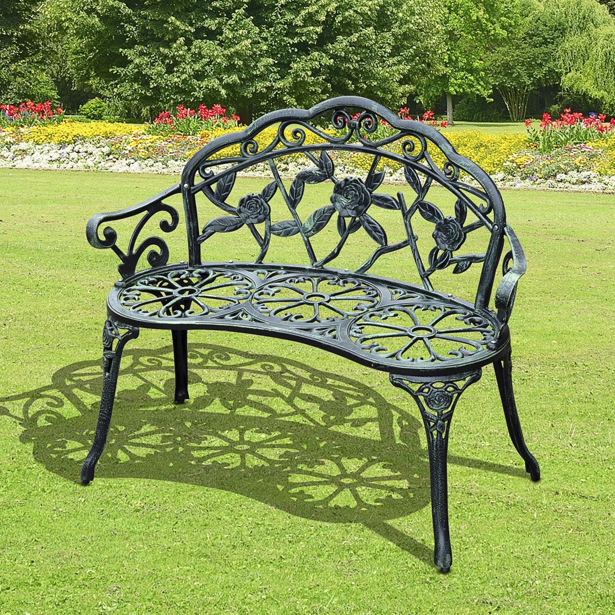 Outsunny Cast Aluminum Outdoor Bench, Green, Floral Rose Accent