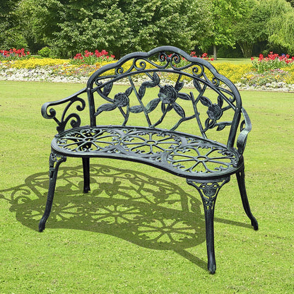 Outsunny Cast Aluminum Outdoor Bench, Green, Floral Rose Accent