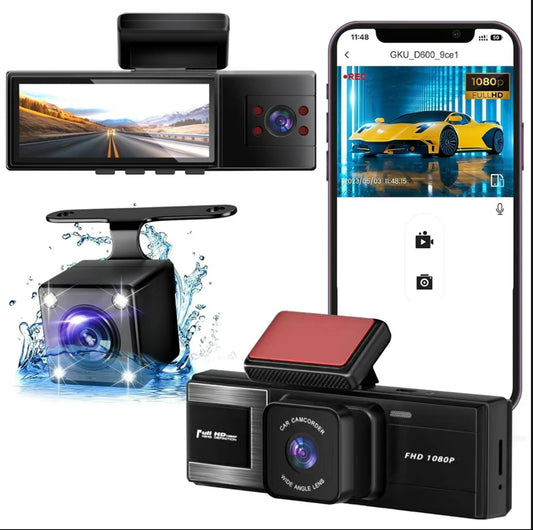 3-Camera Dash Cam – Front, Rear & Inside Car Recorder with WiFi & Night Vision
