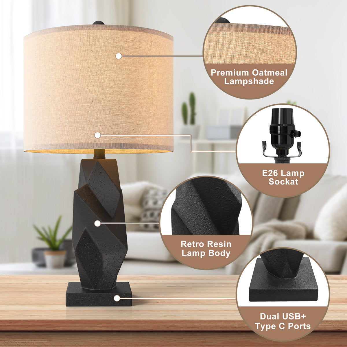 Modern Resin Table Lamp, 24.5-Inch, 3-Way Dimmable with USB and Type-C, Black, Set of 2