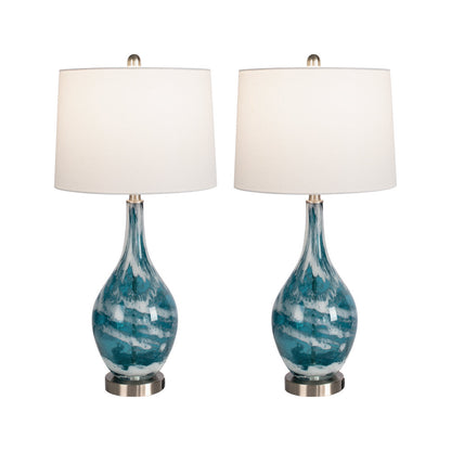 28" Modern Blue Glass Table Lamp with USB Port, Set of 2