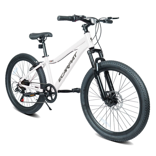 24" Youth Mountain Bike (White) - 7-Speed, Front Suspension & Hybrid Brakes