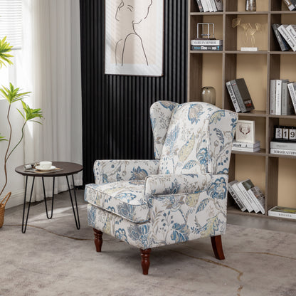 Modern Accent Chair with Retro Wood Legs, Floral Design, Antique Blue Linen