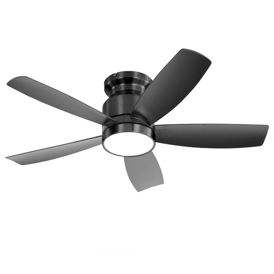 Flush Mount Ceiling Fan With LED Light 22W And Remote Control Blades For Indoor Use - Black