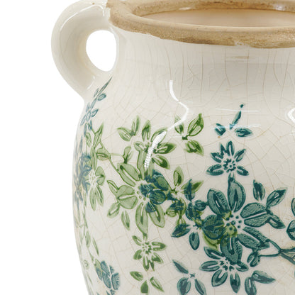 Floral Twin-Handle Ceramic Vase, 7.5 x 6.3 x 7.7 Inches