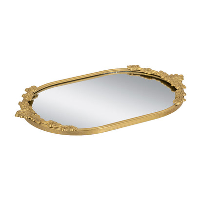 Decorative Mirror Tray with Gold Iron Frame and Floral Accents, 22.7 x 13.6 Inches