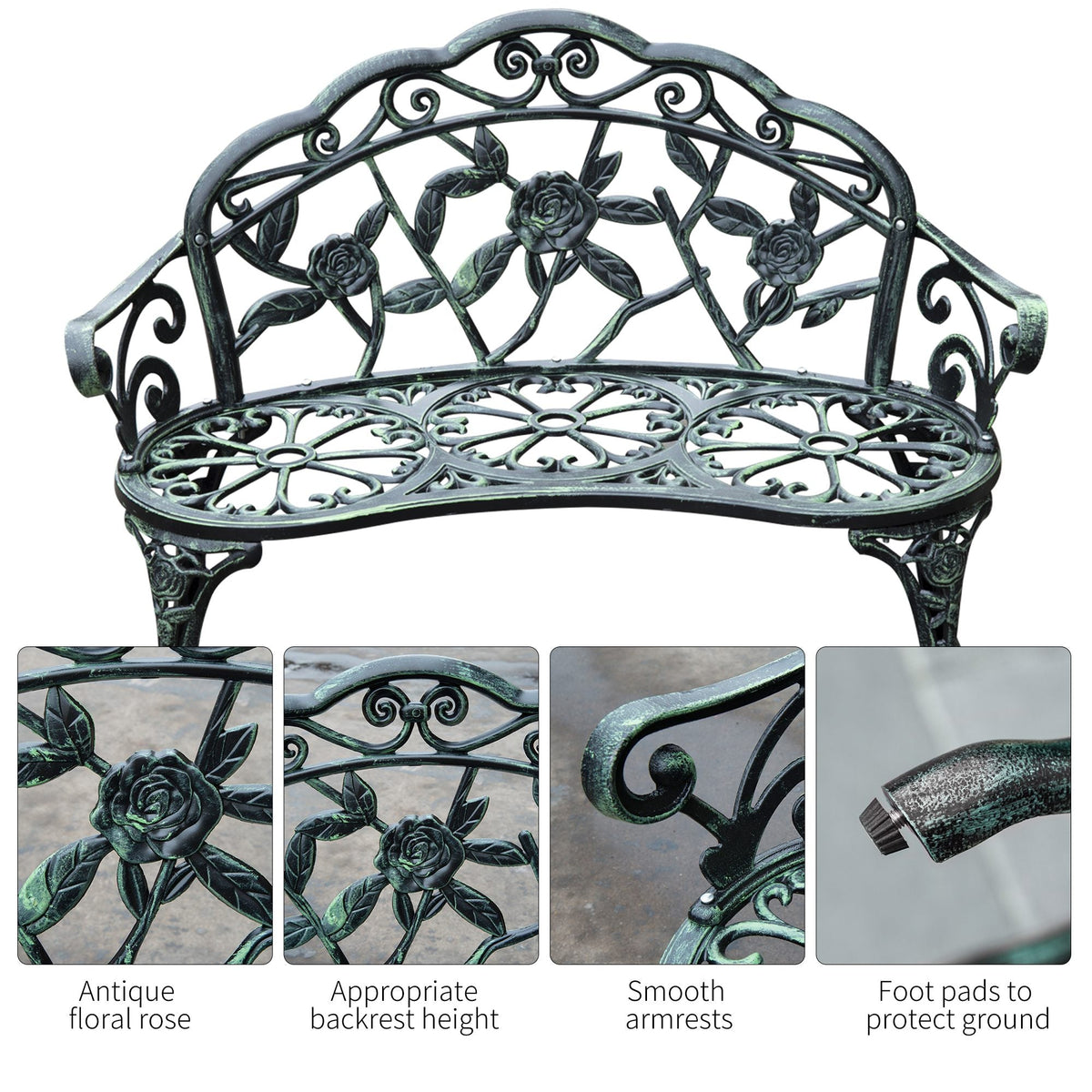 Outsunny Cast Aluminum Outdoor Bench, Green, Floral Rose Accent
