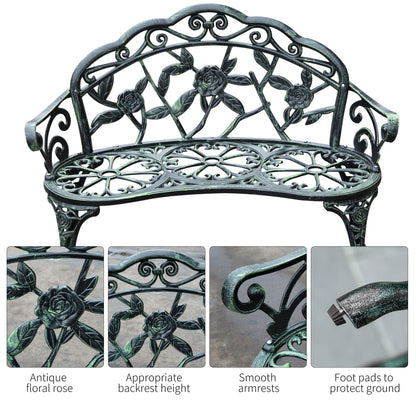 Outsunny Cast Aluminum Outdoor Bench, Green, Floral Rose Accent