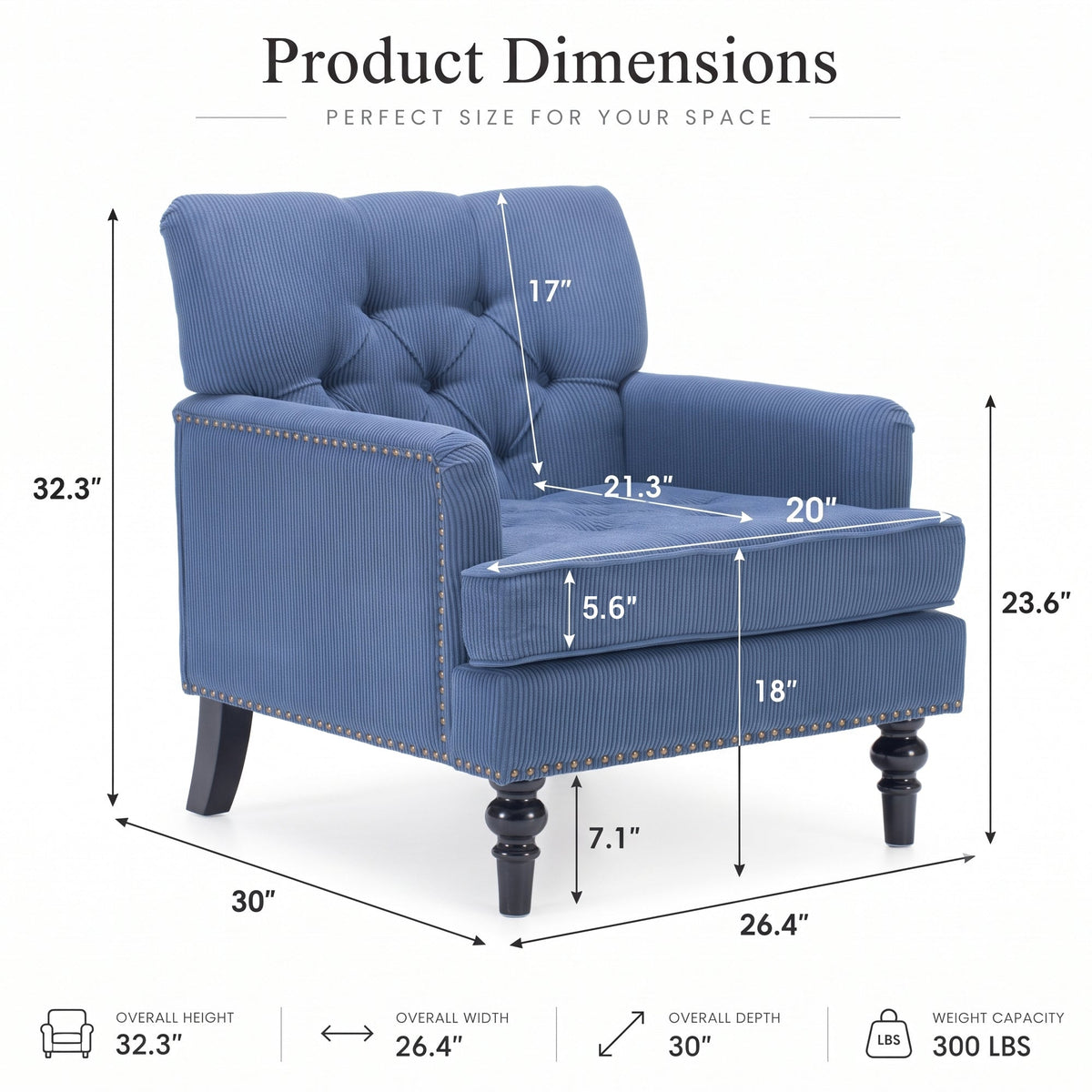 Modern Accent Chair, 26.5-Inch Wide, Blue Corduroy