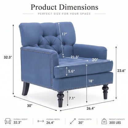 Modern Accent Chair, 26.5-Inch Wide, Blue Corduroy