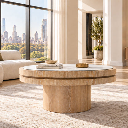 34.25-Inch Square Coffee Table with MDF Pedestal, Gold