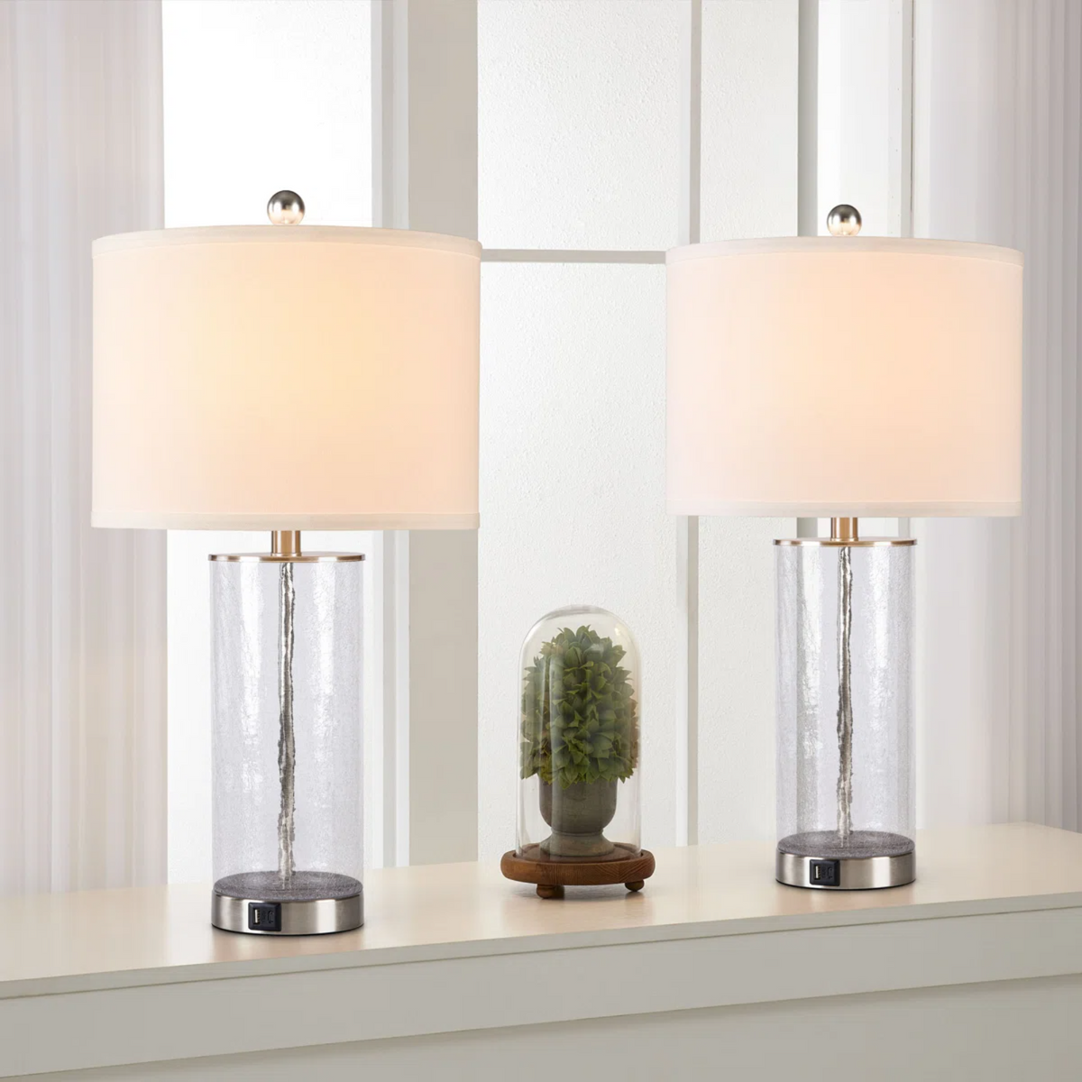 Modern Nickel Glass and Metal Table Lamp Set of 2 with USB, 23.25-Inch