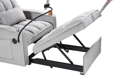 Convertible Sleeper Chair Sofa Bed, Grey Velvet, Pull-Out Single Bed