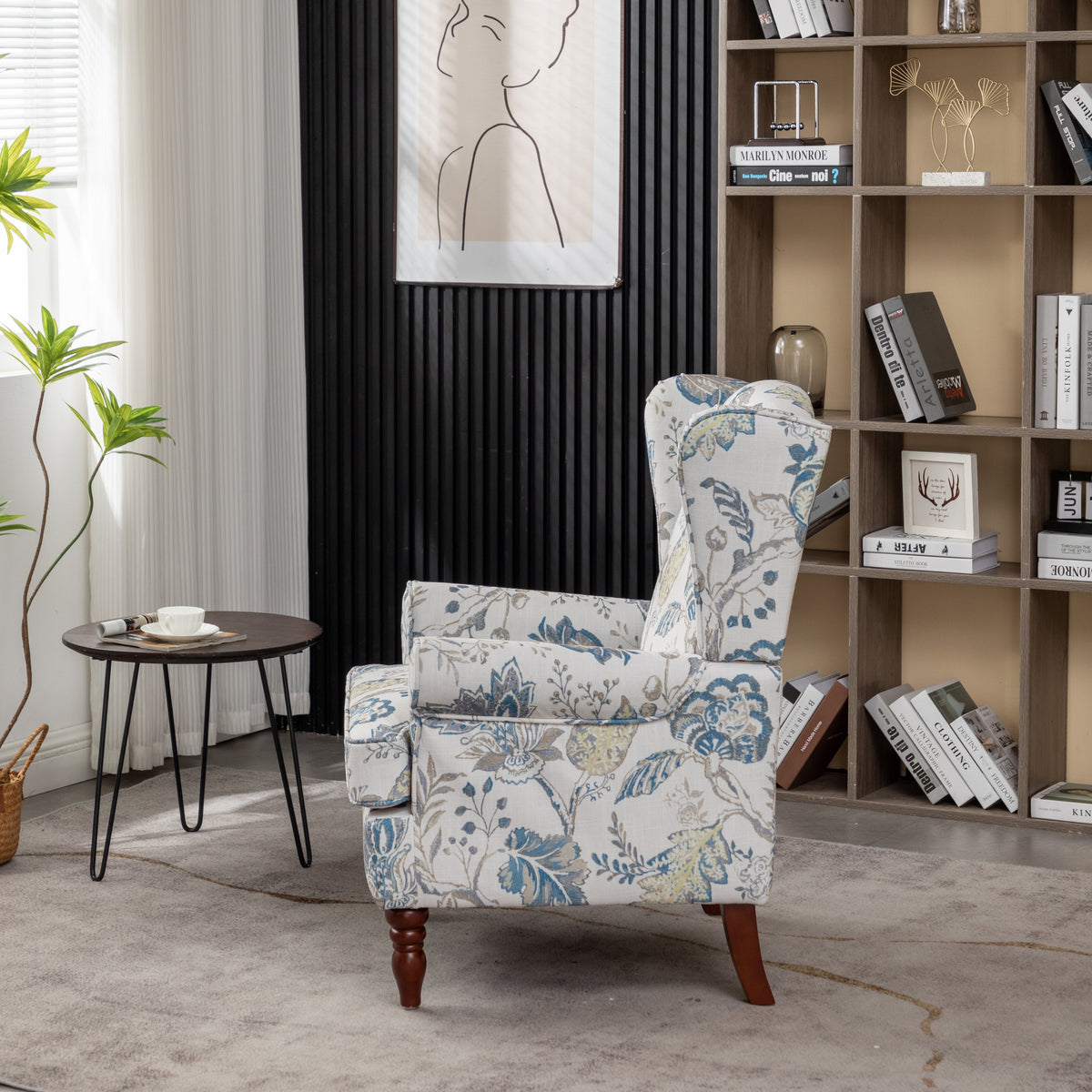 Modern Accent Chair with Retro Wood Legs, Floral Design, Antique Blue Linen