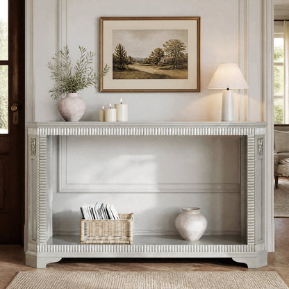 55-Inch Retro Carved Console Table, 2-Tier Open Storage, Champagne Silver