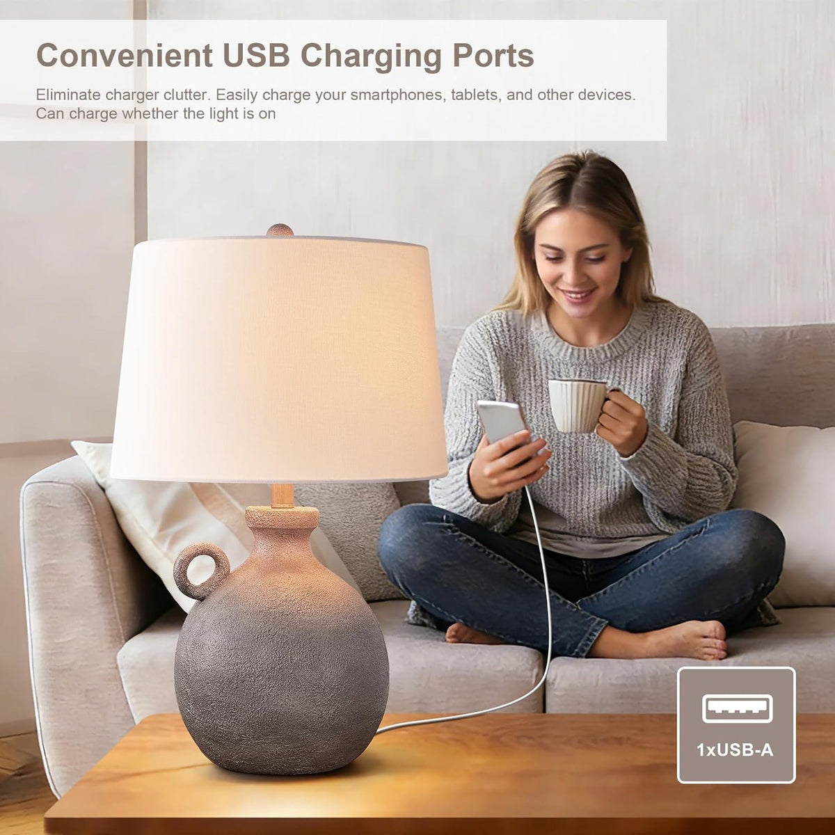 24-Inch Farmhouse Table Lamp, Resin Base with USB Port, Brown