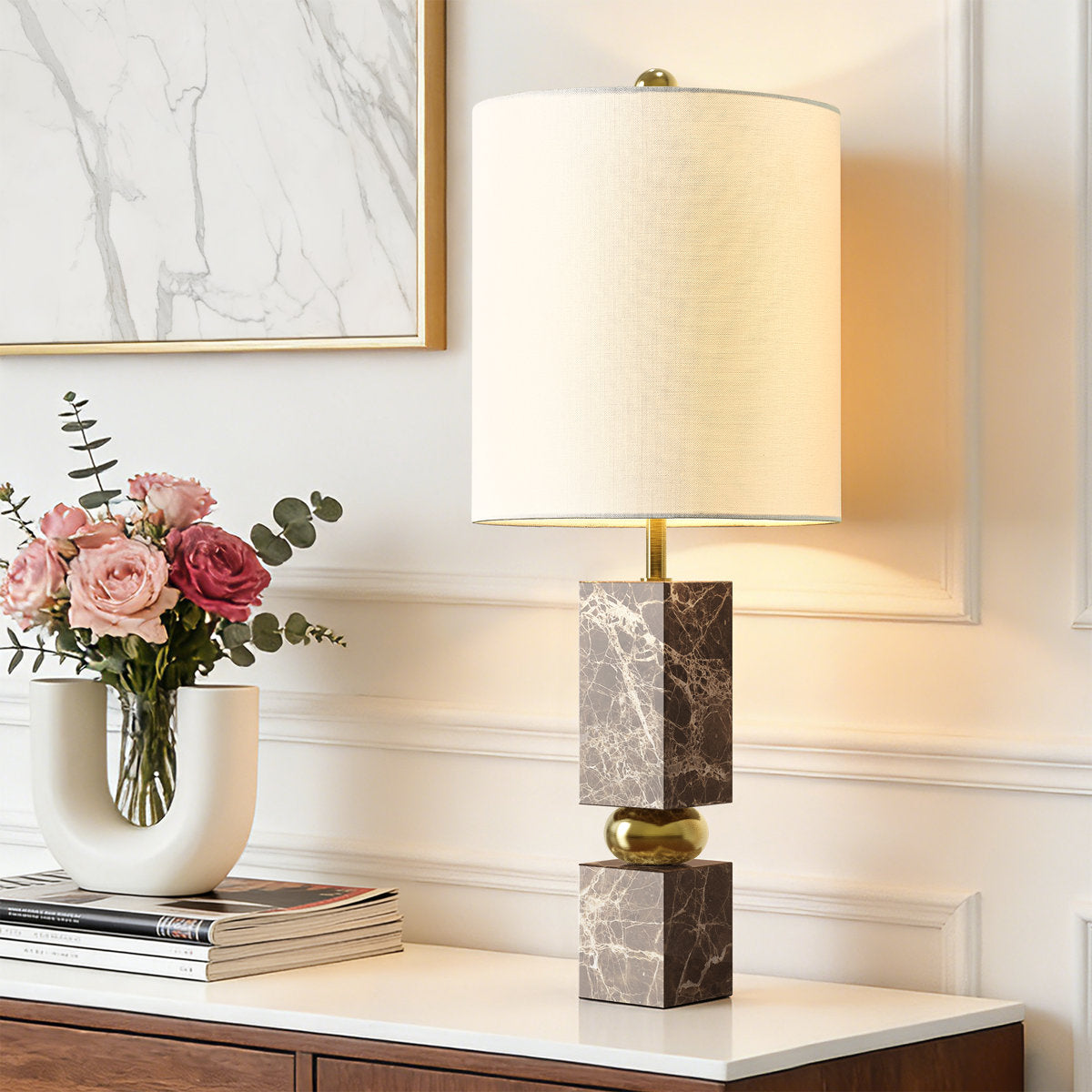 Modern Marble Table Lamp, 25-Inch, Pre-Assembled, Brown