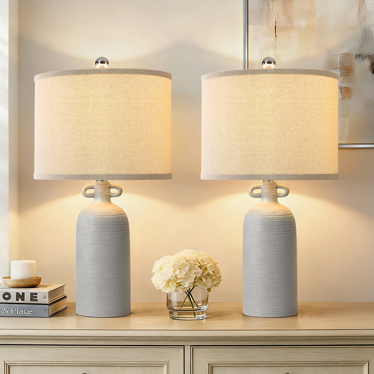 24-Inch Dimmable Ceramic Table Lamp Set with Linen Drum Shades, Gray, Set of 2