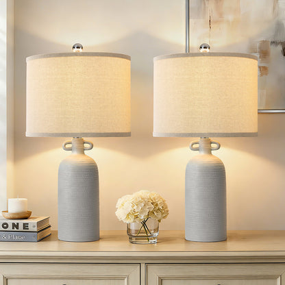 24-Inch Dimmable Ceramic Table Lamp Set with Linen Drum Shades, Gray, Set of 2