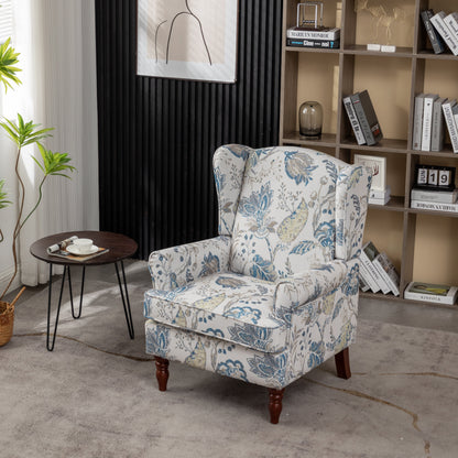 Modern Accent Chair with Retro Wood Legs, Floral Design, Antique Blue Linen