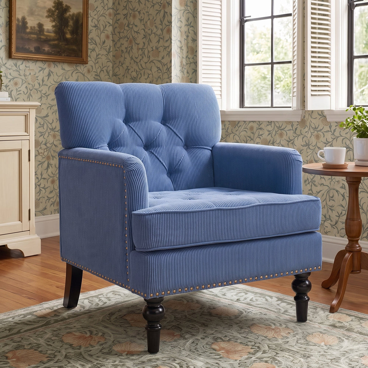 Modern Accent Chair, 26.5-Inch Wide, Blue Corduroy