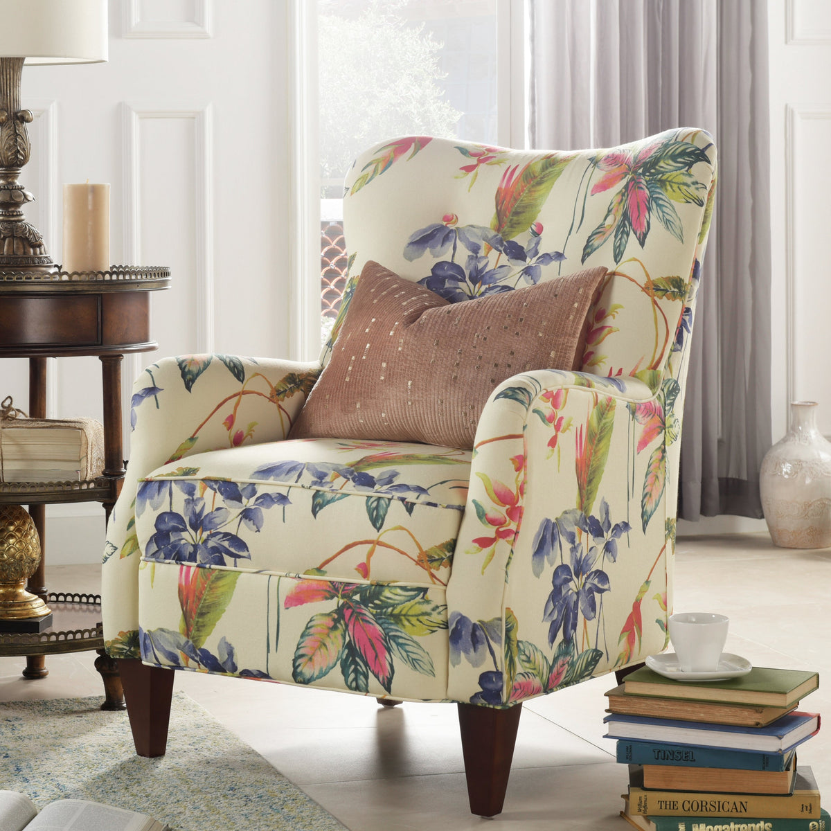 Paradise Upholstered Arm Chair, Off-White Floral, Beige Fabric
