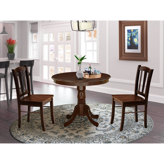 3-Piece Mahogany Dining Set with Round Table & 2 Slat-Back Chairs