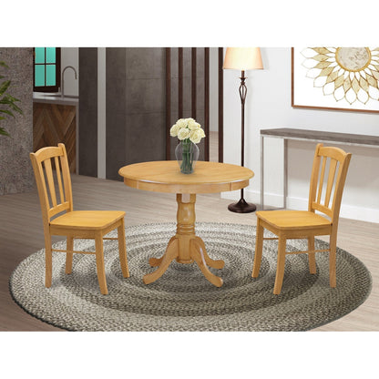 3-Piece Oak Dining Set with Round Table & 2 Slat-Back Chairs