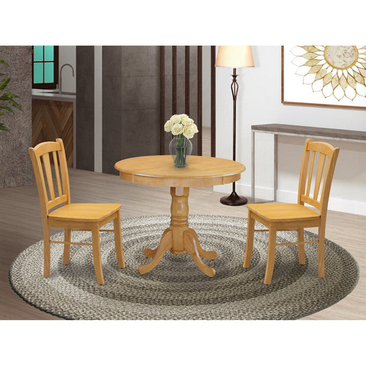 3-Piece Oak Dining Set with Round Table & 2 Slat-Back Chairs