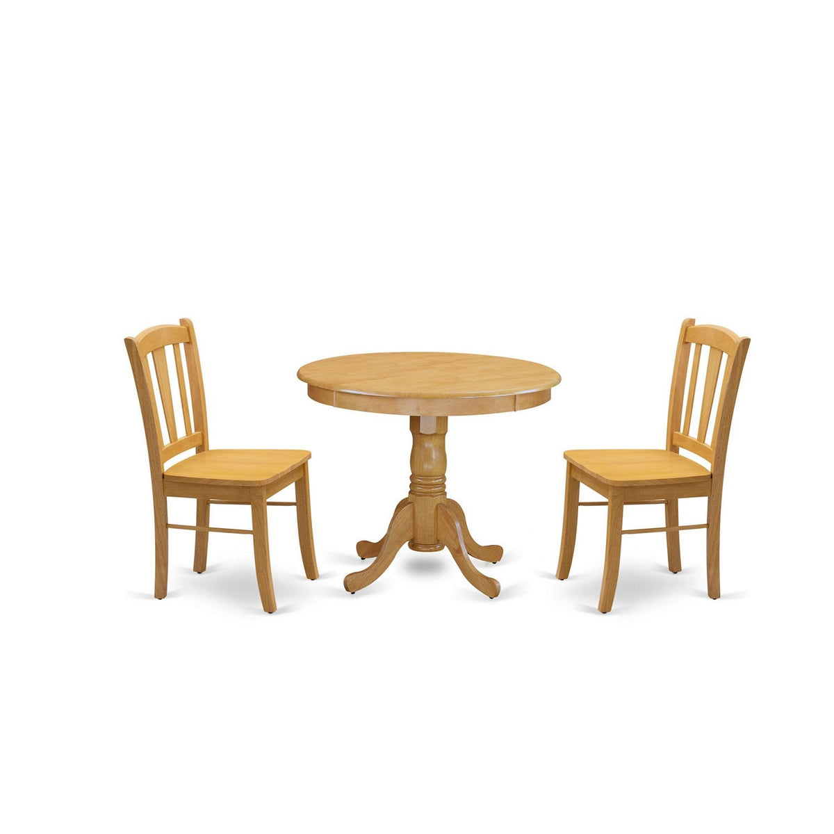 3-Piece Oak Dining Set with Round Table & 2 Slat-Back Chairs