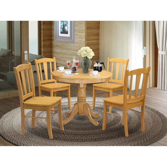 5-Piece Oak Dining Set with Round Table & 4 Slat-Back Chairs