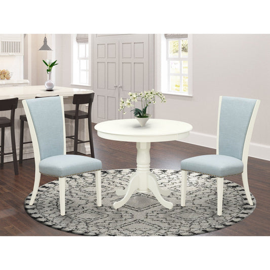 3-Piece Linen White Dining Set with 2 Baby Blue Chairs