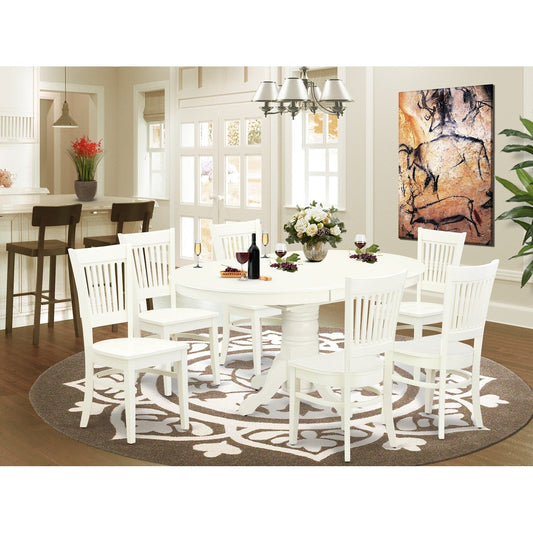 7-Piece Linen White Oval Dining Set with 6 Slat-Back Chairs