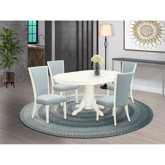 5-Piece Oval Dining Set with 4 Baby Blue Upholstered Chairs – Linen White