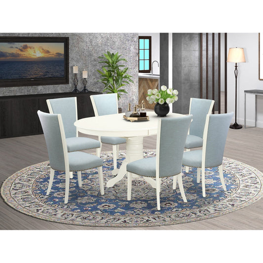 7-Piece Oval Dining Set with 6 Baby Blue Upholstered Chairs – Linen White
