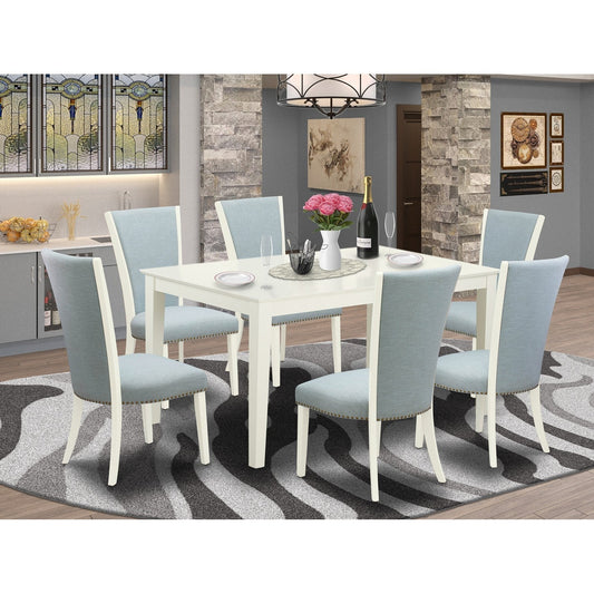 7-Piece Rectangular Dining Set with 6 Baby Blue Upholstered Chairs – Linen White