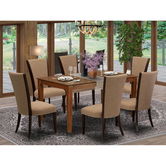 7-Piece Mahogany Dining Set with 6 Light Sable Chairs