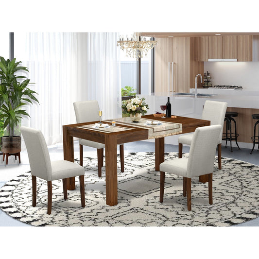 5-Piece Antique Walnut Dining Set with 4 Grey Linen Chairs