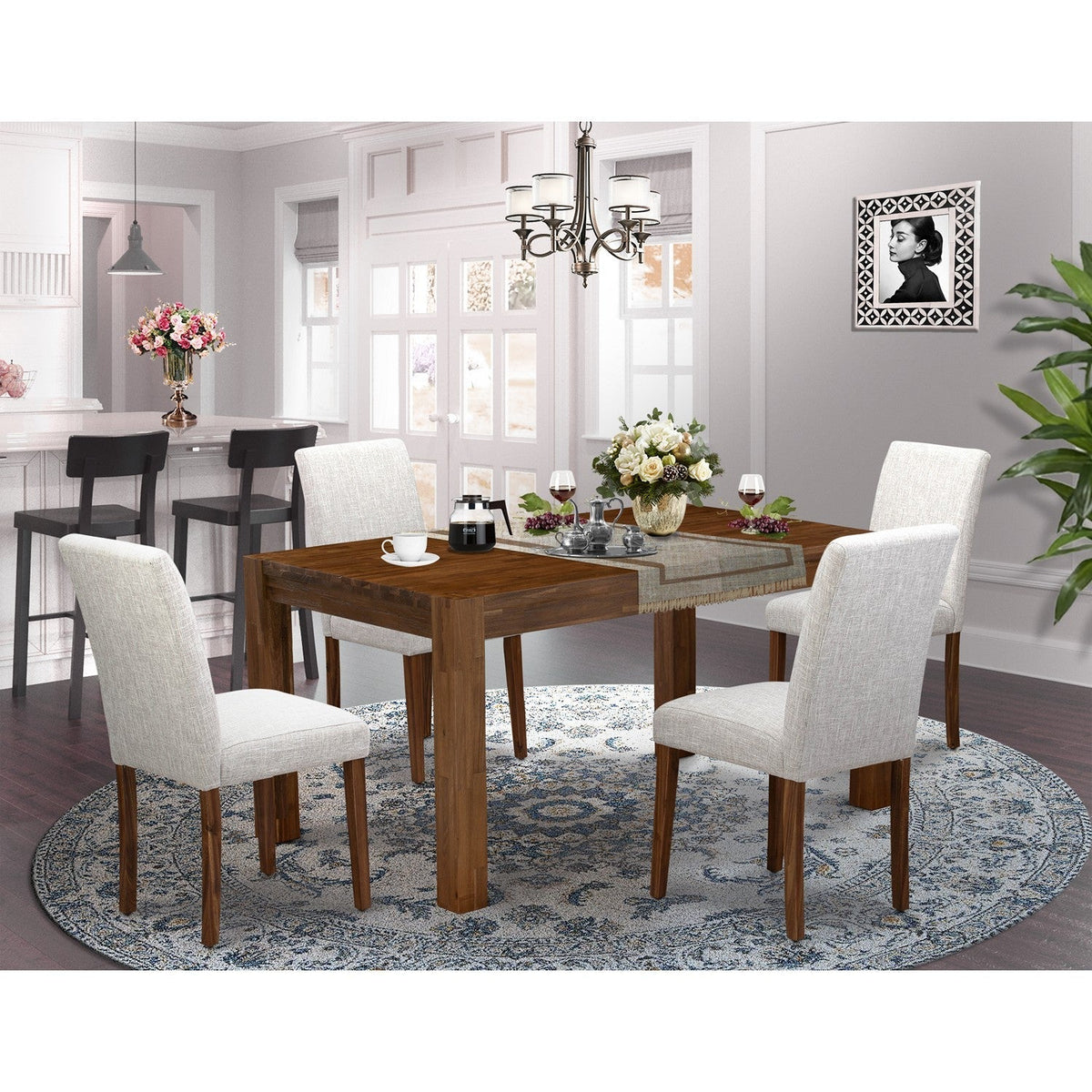 5-Piece Antique Walnut Dining Set with 4 Doeskin Linen Chairs