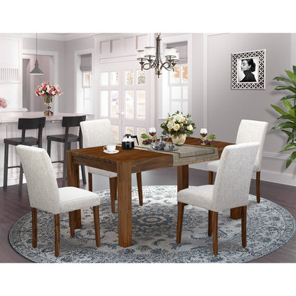 5-Piece Antique Walnut Dining Set with 4 Doeskin Linen Chairs