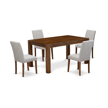 5-Piece Antique Walnut Dining Set with 4 Doeskin Linen Chairs